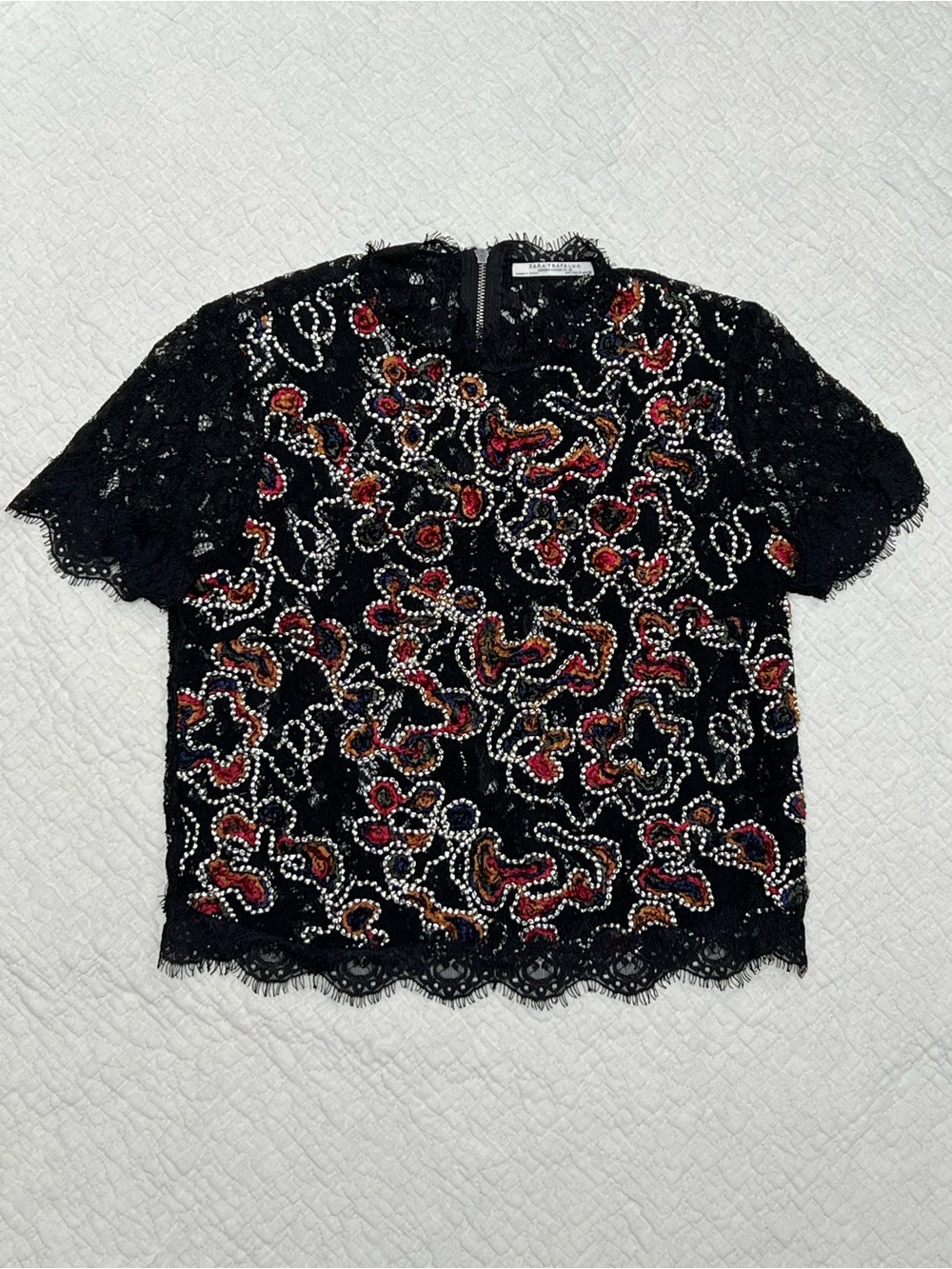Zara Embellished Black Lace Short-Sleeve Top with Red & Gold Accents